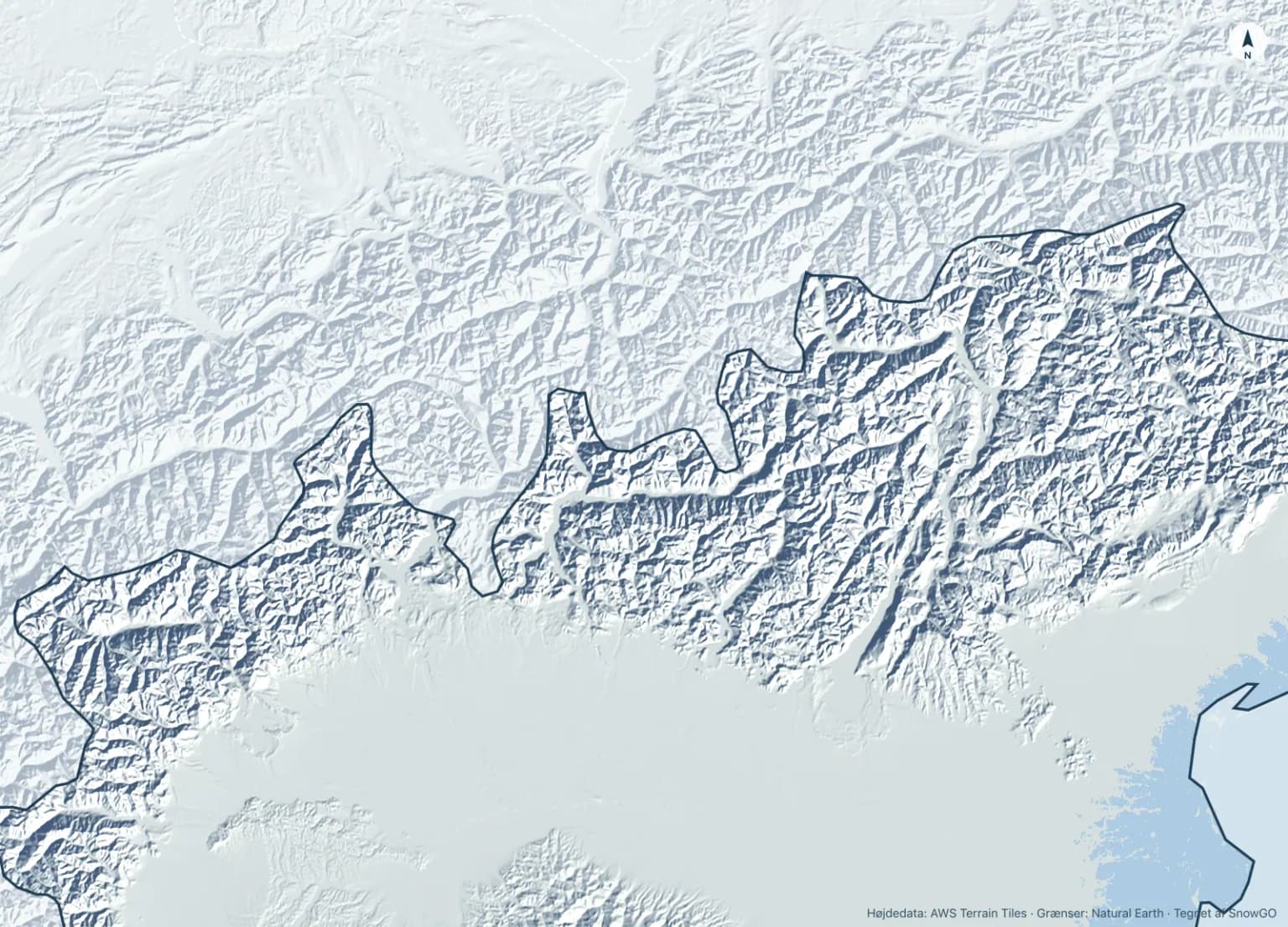 Relief-kort over Italien med skiområdernes placering