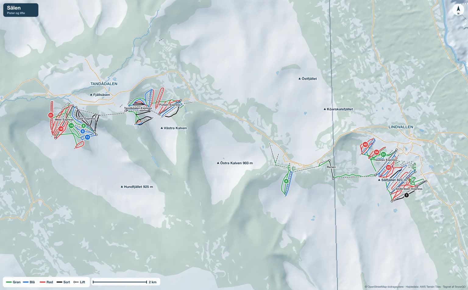 Pistekort over Sälen med pister i grøn, blå, rød og sort, lifte, toppe og byer