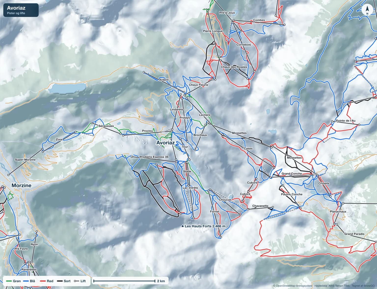 Pistekort over Avoriaz med pister i grøn, blå, rød og sort, lifte, toppe og byer