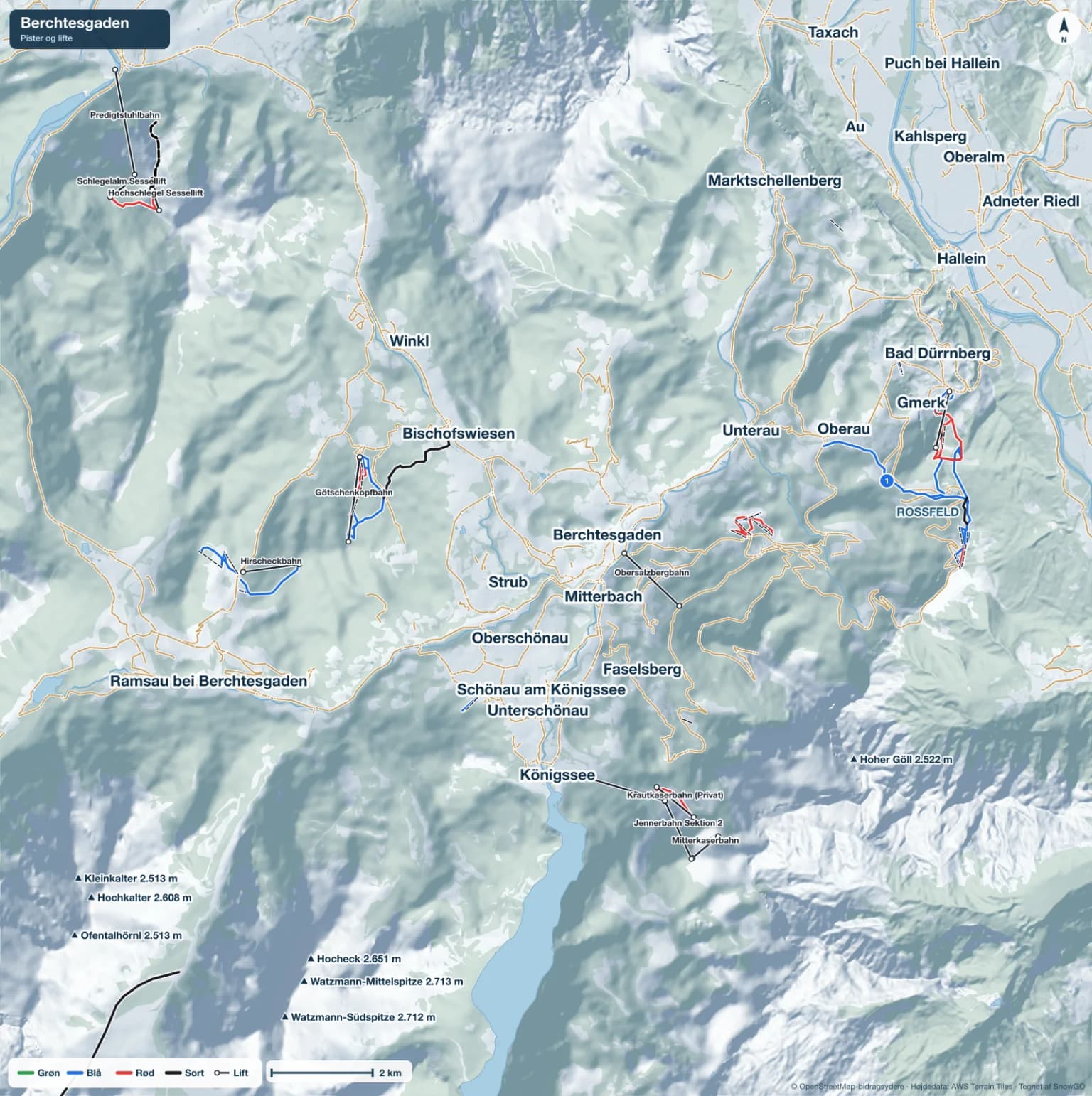 Pistekort over Berchtesgaden med pister i grøn, blå, rød og sort, lifte, toppe og byer