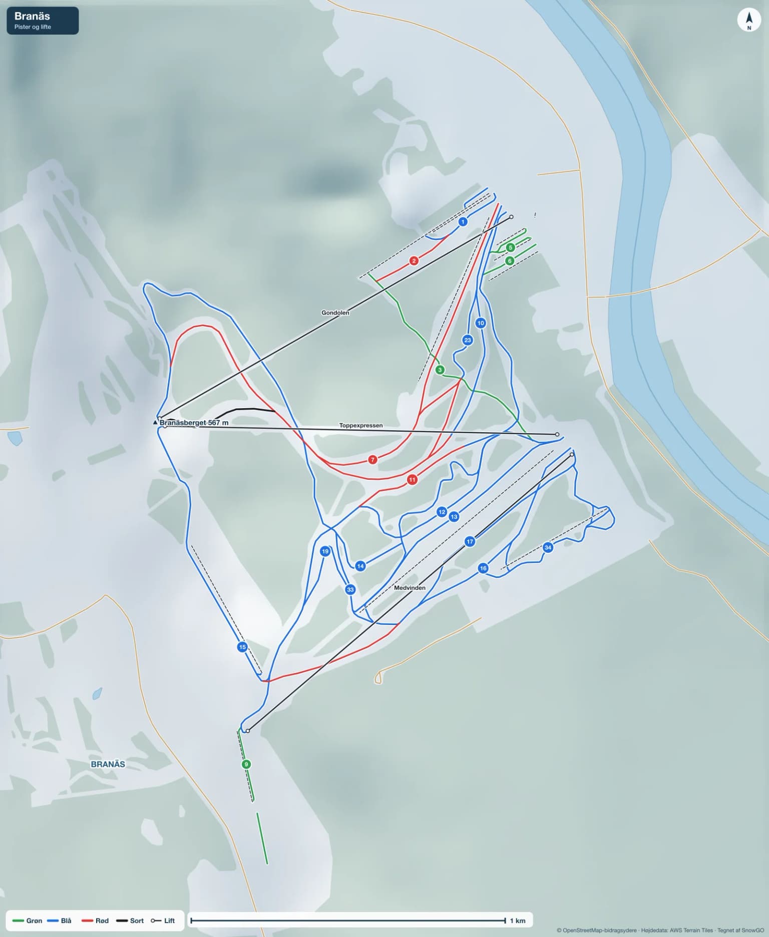 Pistekort over Branäs med pister i grøn, blå, rød og sort, lifte, toppe og byer
