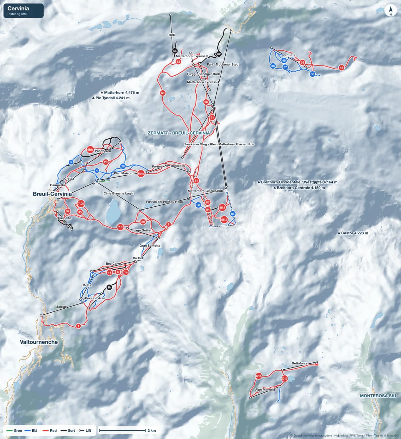Pistekort over Cervinia med pister i grøn, blå, rød og sort, lifte, toppe og byer