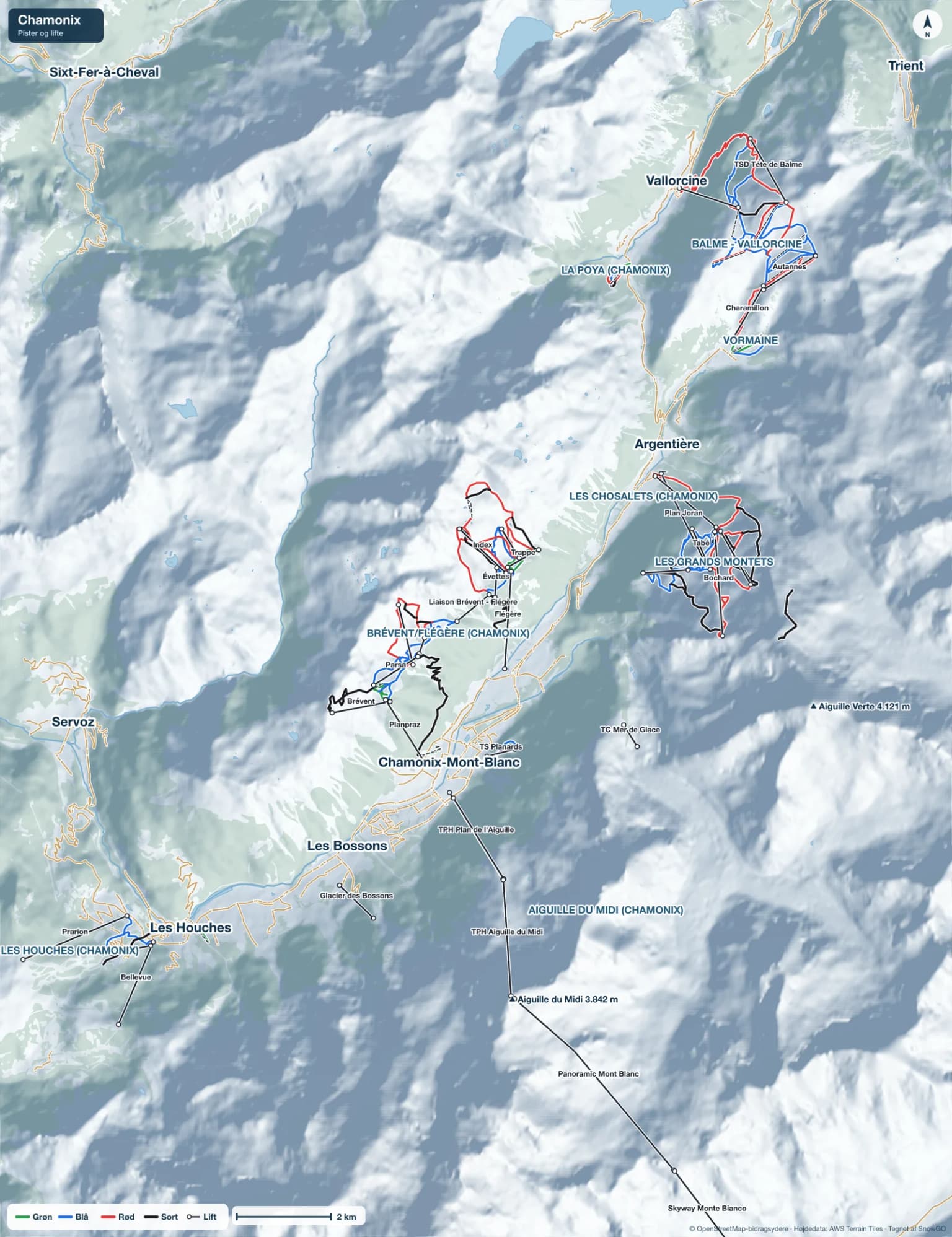 Pistekort over Chamonix med pister i grøn, blå, rød og sort, lifte, toppe og byer