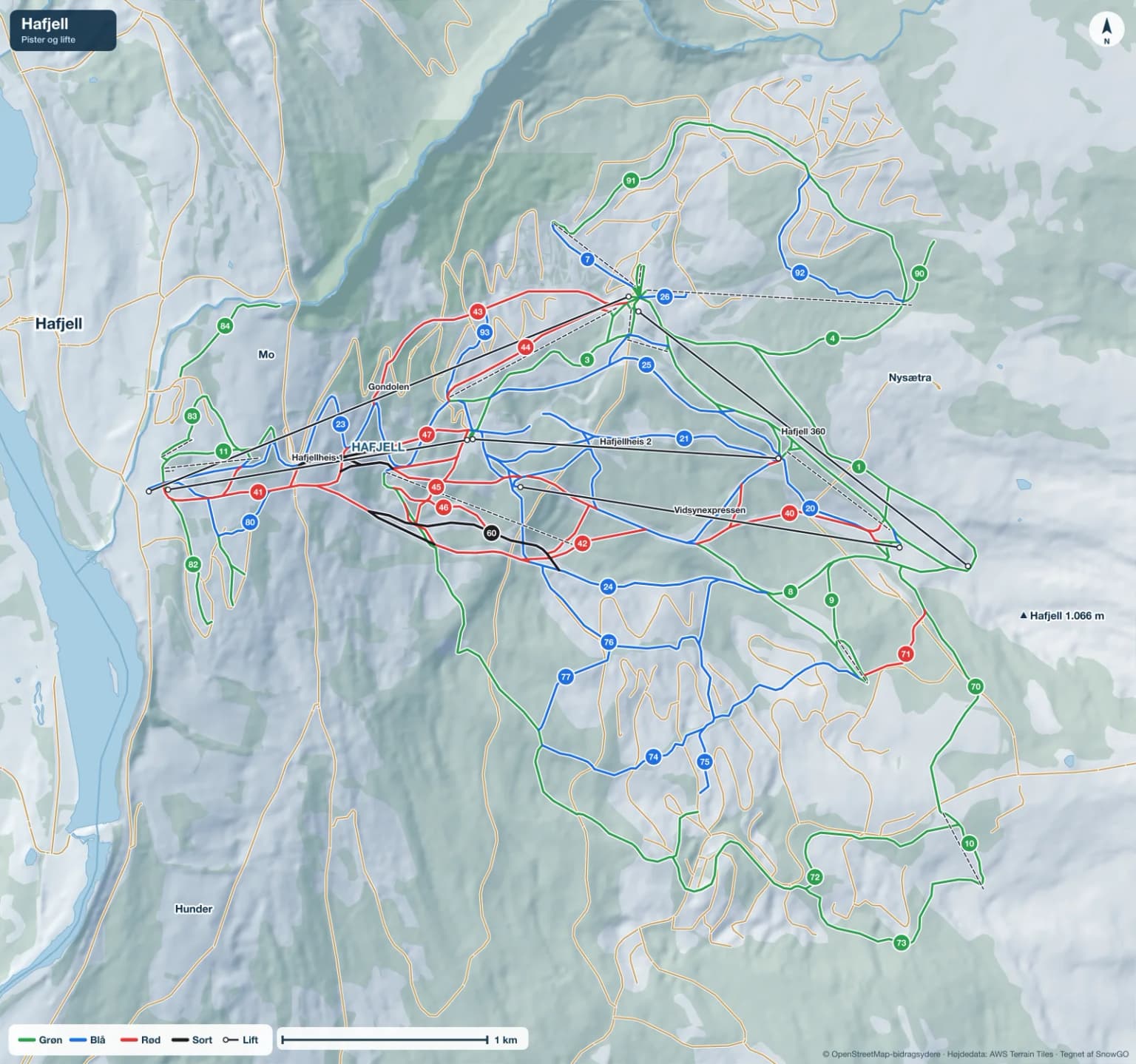 Pistekort over Hafjell med pister i grøn, blå, rød og sort, lifte, toppe og byer