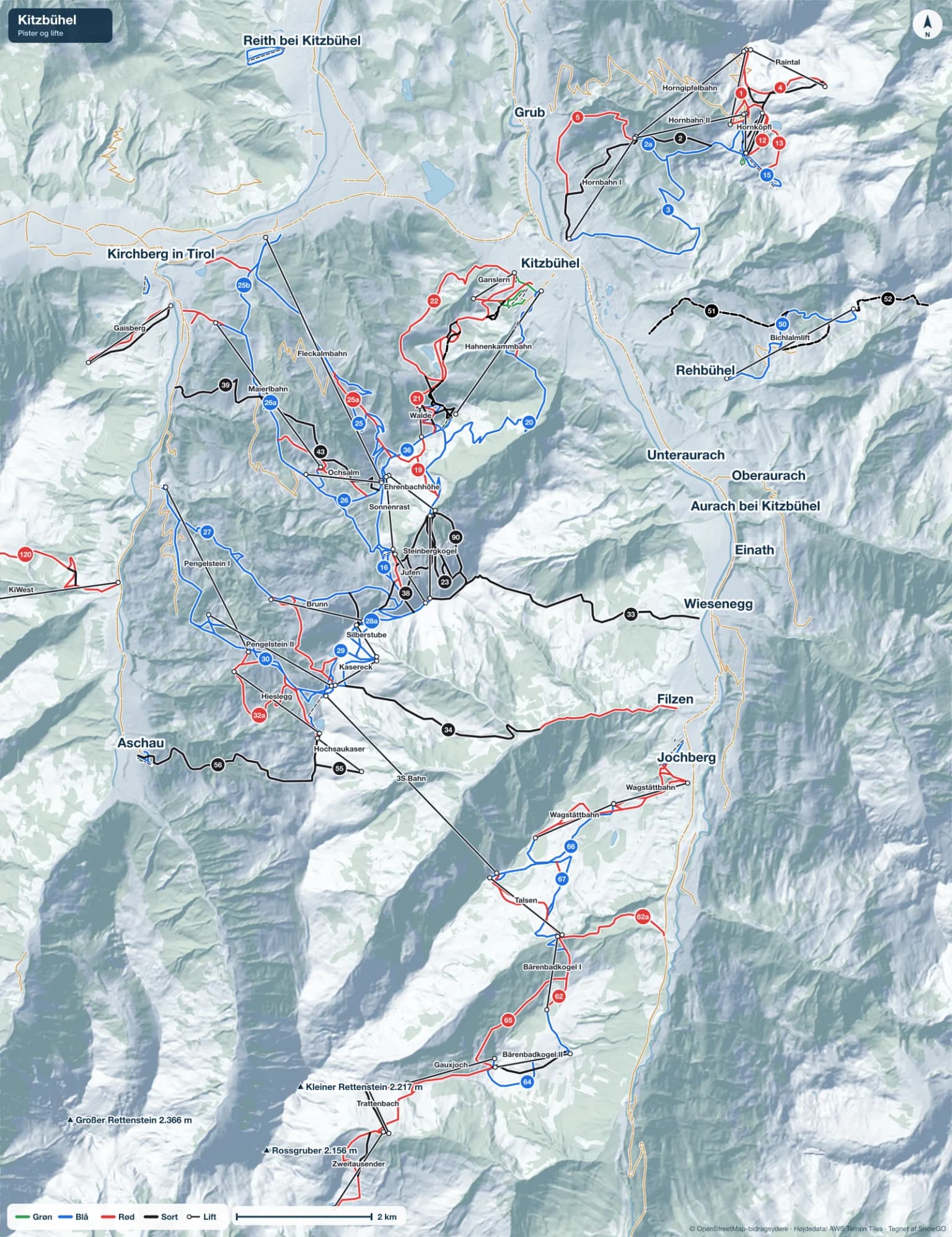 Pistekort over Kitzbühel med pister i grøn, blå, rød og sort, lifte, toppe og byer