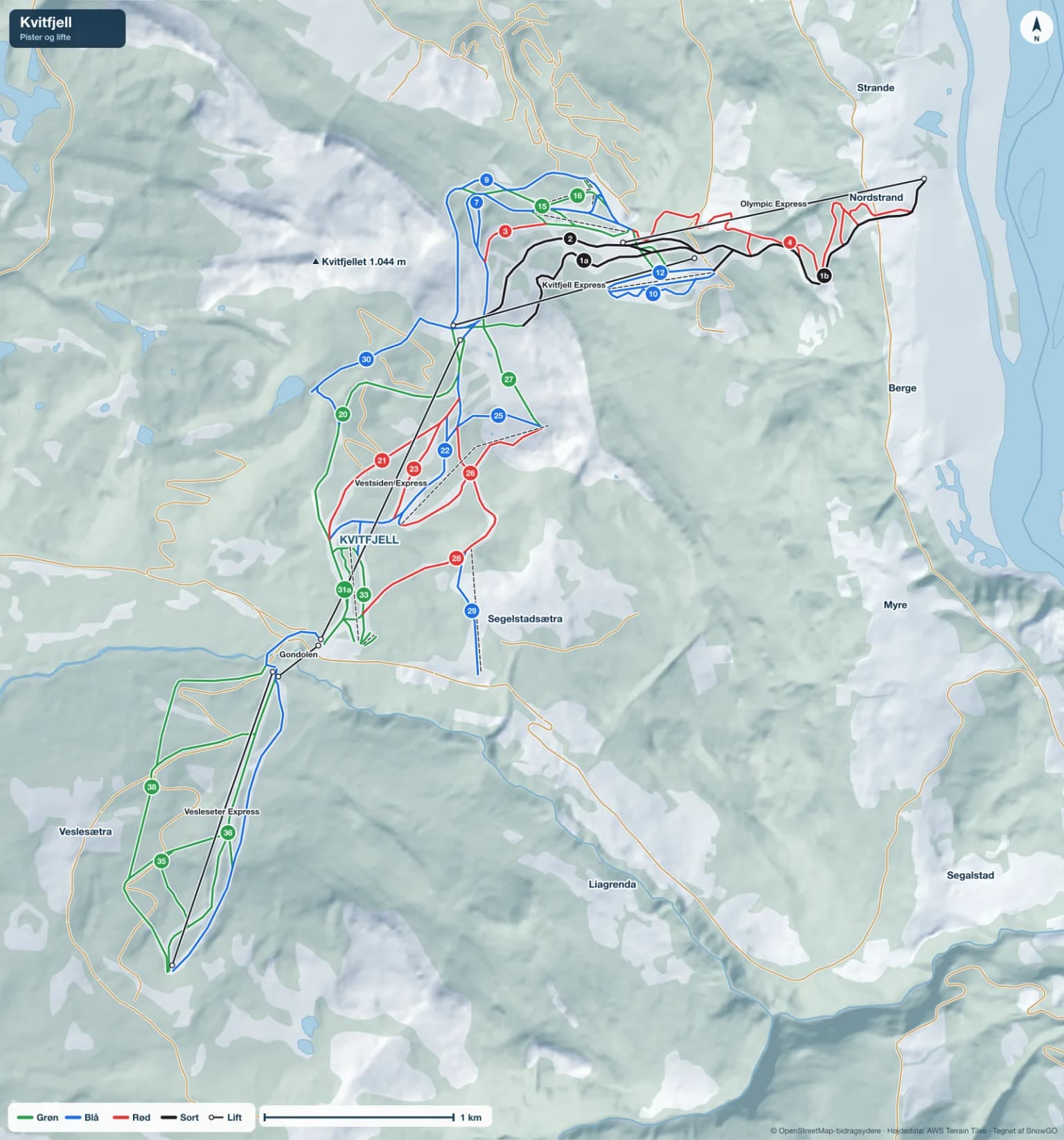 Pistekort over Kvitfjell med pister i grøn, blå, rød og sort, lifte, toppe og byer