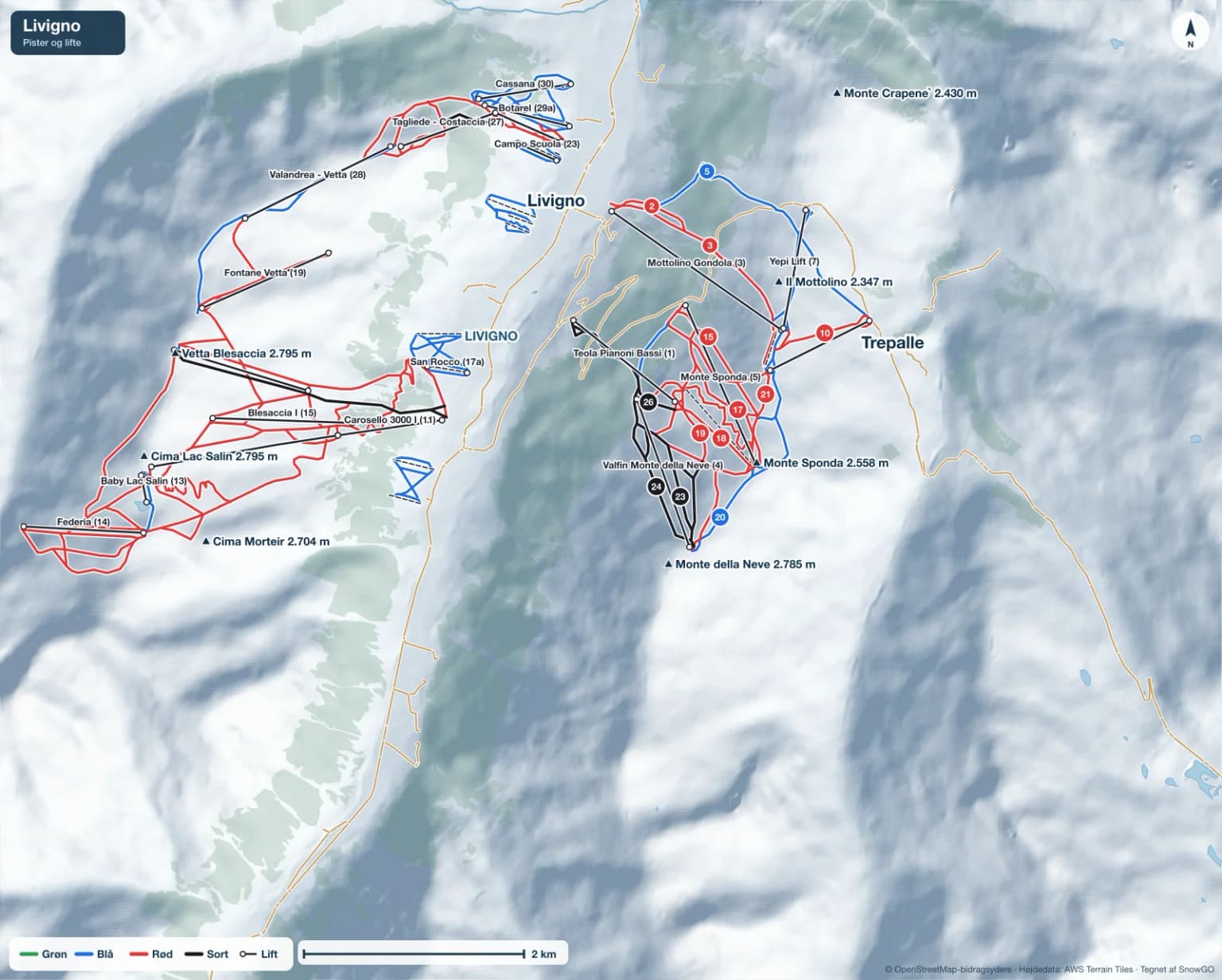 Pistekort over Livigno med pister i grøn, blå, rød og sort, lifte, toppe og byer