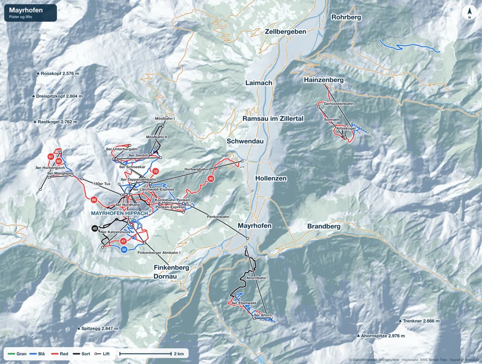 Pistekort over Mayrhofen med pister i grøn, blå, rød og sort, lifte, toppe og byer