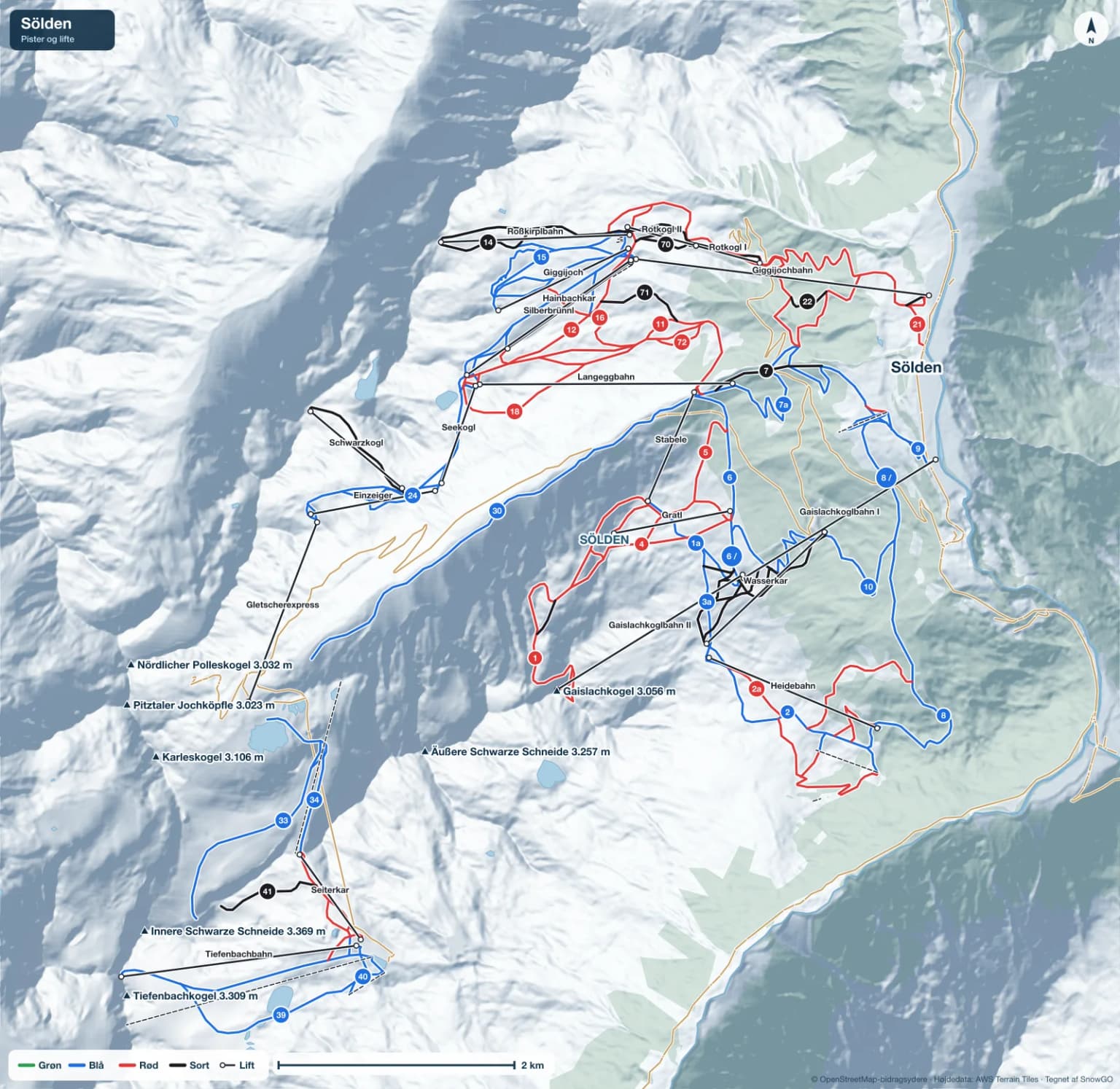 Pistekort over Sölden med pister i grøn, blå, rød og sort, lifte, toppe og byer