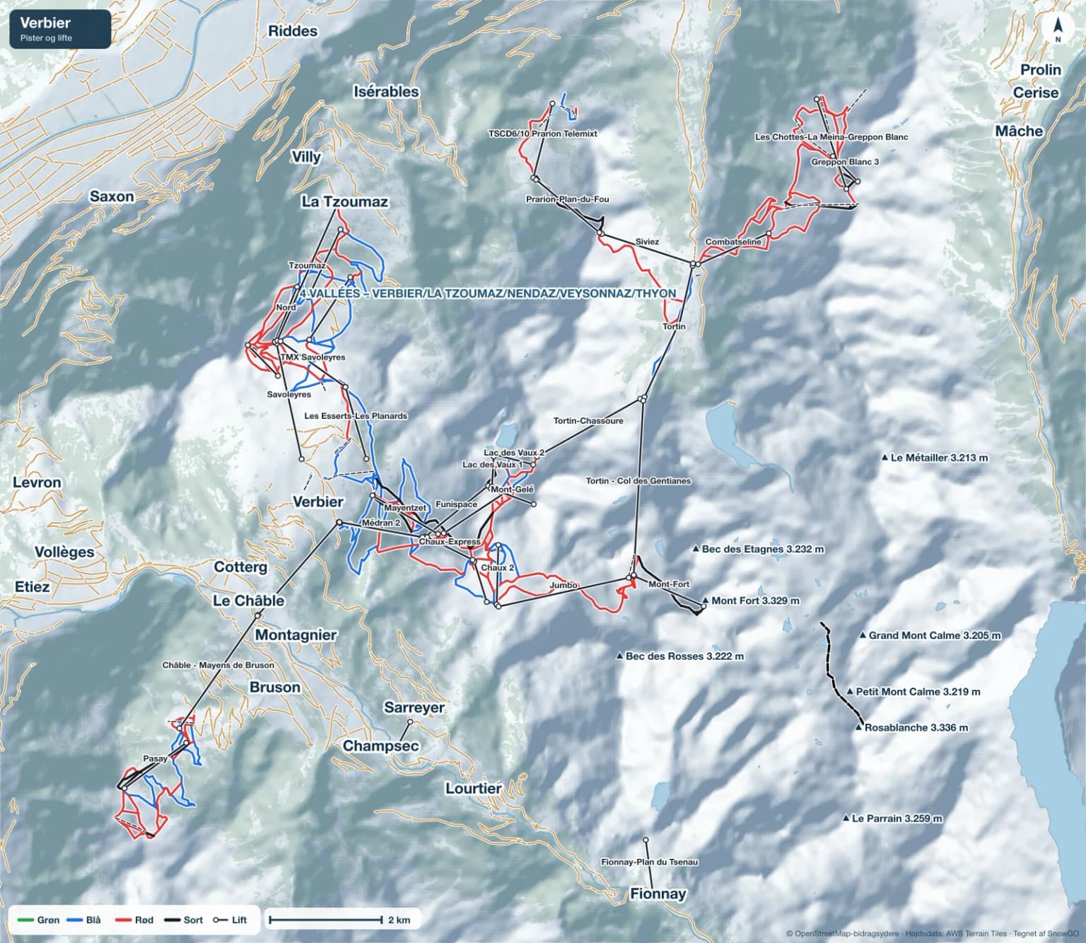 Pistekort over Verbier med pister i grøn, blå, rød og sort, lifte, toppe og byer