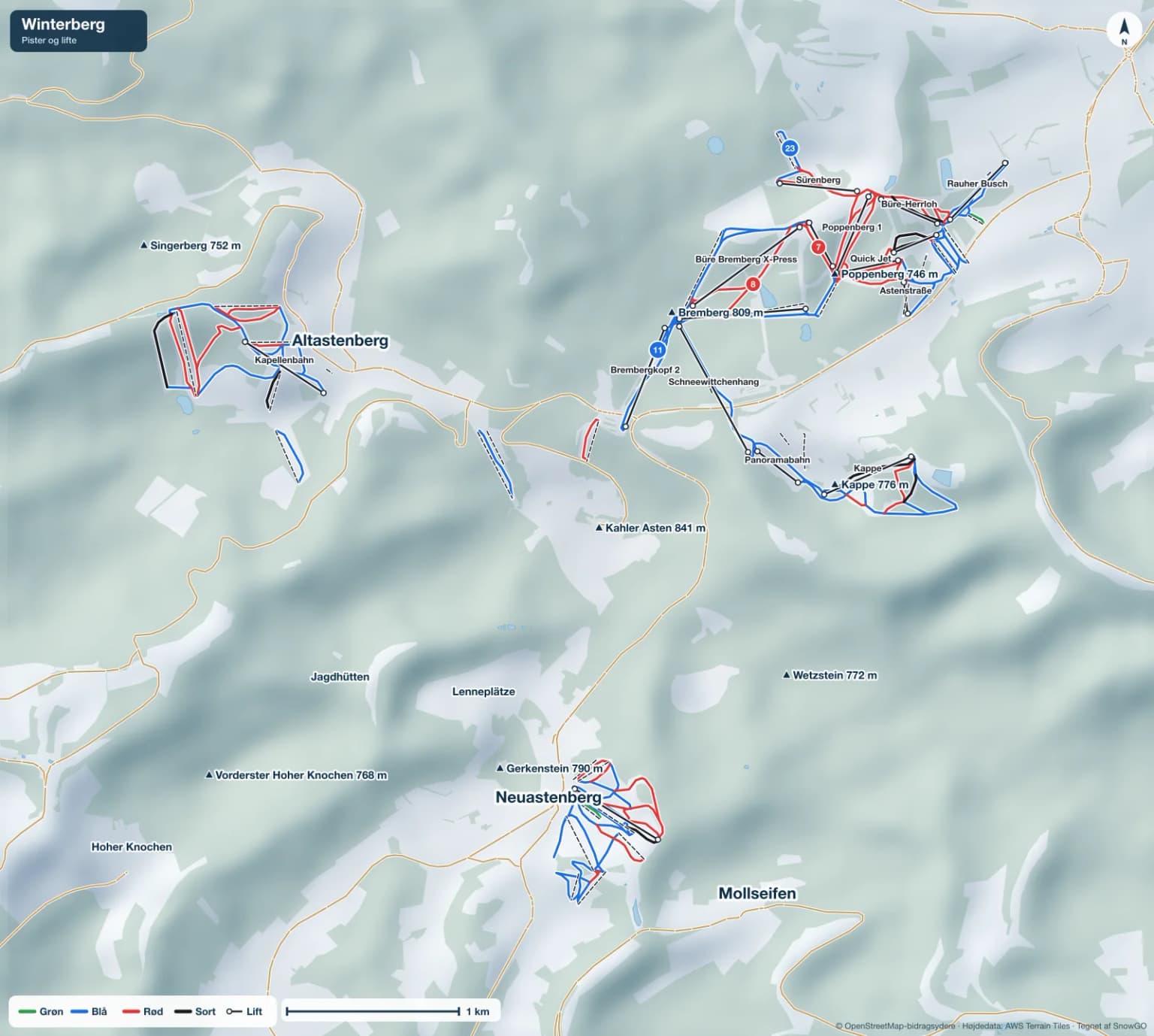 Pistekort over Winterberg med pister i grøn, blå, rød og sort, lifte, toppe og byer